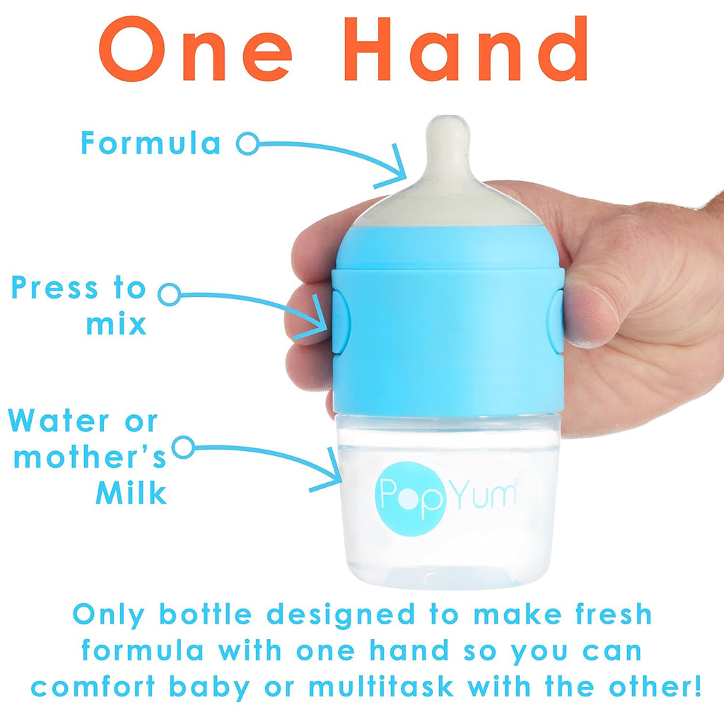 PopYum 5 oz Blue Anti-Colic Formula Making/Mixing/Dispenser Baby Bottles, 3-Pack with #1 Slow Flow Nipples, 150 ml, BPA-Free, Natural Latch