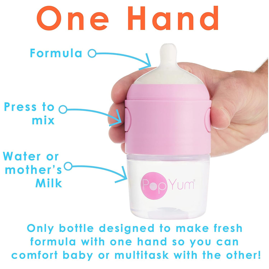 PopYum 5 oz Pink Anti-Colic Formula Making/Mixing/Dispenser Baby Bottles, 2-Pack with #1 Slow Flow Nipples, 150 ml, BPA-Free, Natural Latch