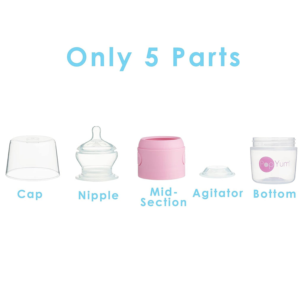 PopYum 5 oz Pink Anti-Colic Formula Making/Mixing/Dispenser Baby Bottles, 2-Pack with #1 Slow Flow Nipples, 150 ml, BPA-Free, Natural Latch