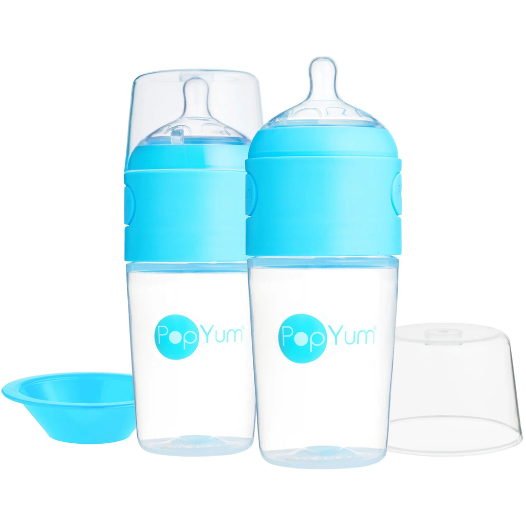PopYum 9 oz Blue Anti-Colic Formula Making/Mixing/Dispenser Baby Bottles, 2-Pack with #2 Medium Flow Nipples, 260 ml, BPA-Free, Natural Latch