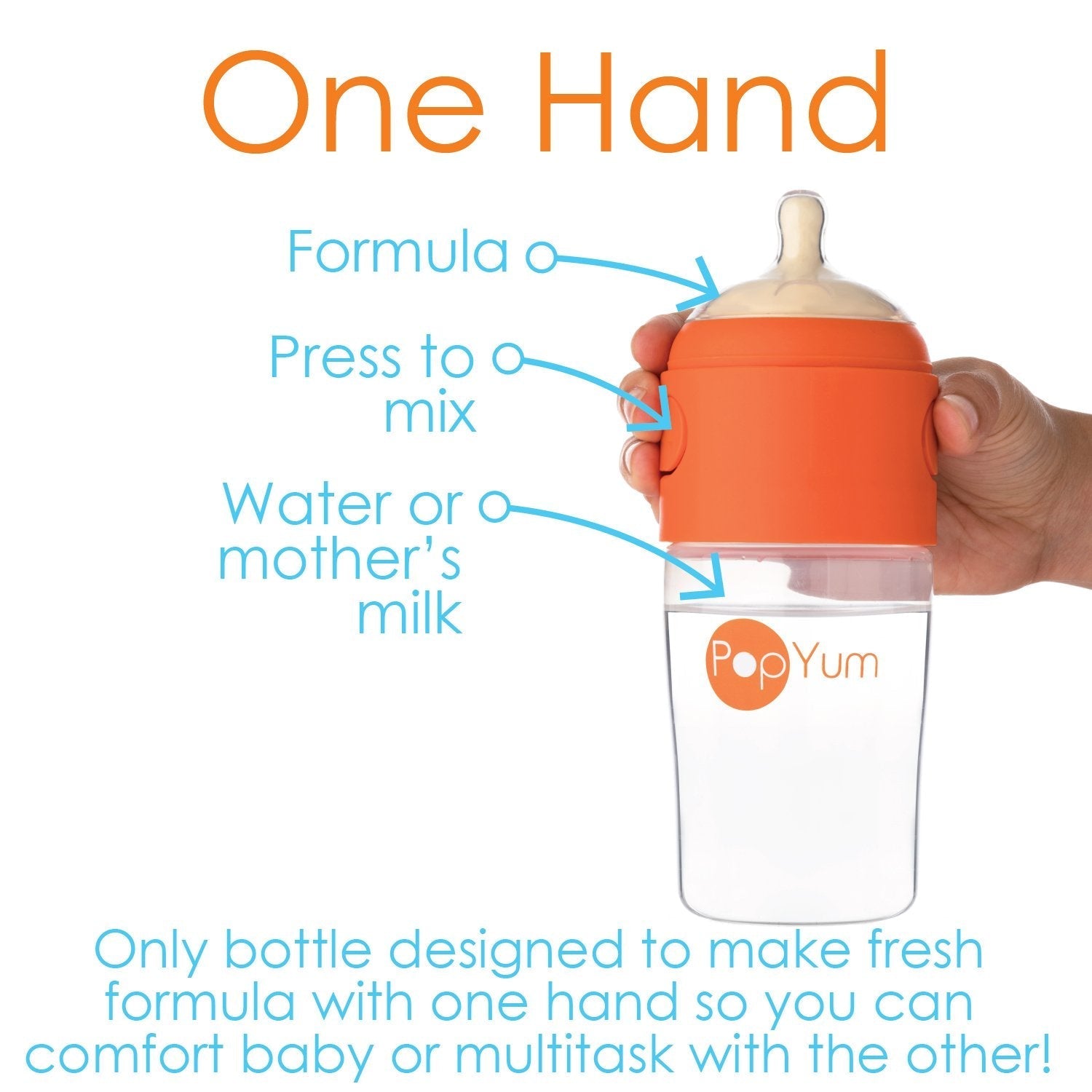 PopYum 9 oz Orange Anti-Colic Formula Making/Mixing/Dispenser Baby Bottles, 3-Pack with #2 Medium Flow Nipples, 260 ml, BPA-Free, Natural Latch