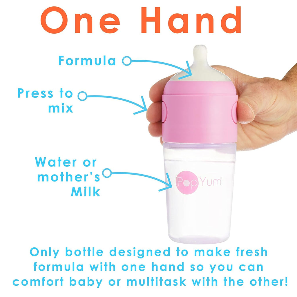PopYum 9 oz Pink Anti-Colic Formula Making/Mixing/Dispenser Baby Bottles, 2-Pack with #2 Medium Flow Nipples, 260 ml, BPA-Free, Natural Latch