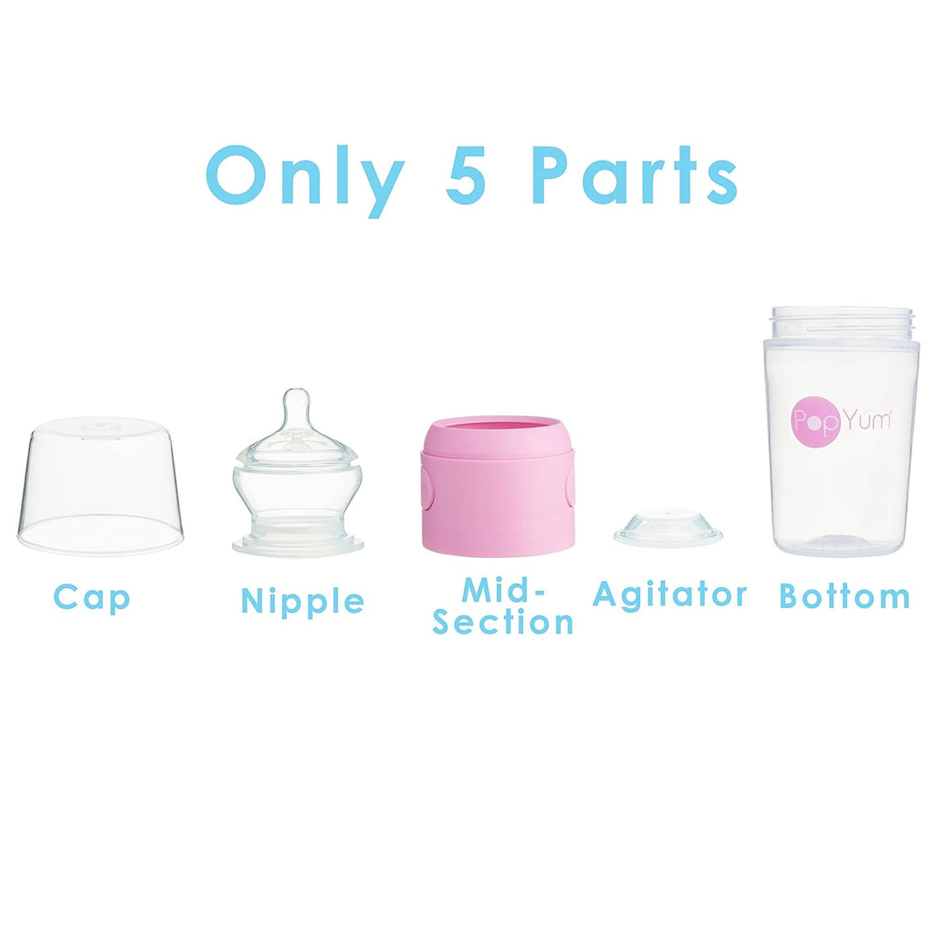PopYum 9 oz Pink Anti-Colic Formula Making/Mixing/Dispenser Baby Bottles, 2-Pack with #2 Medium Flow Nipples, 260 ml, BPA-Free, Natural Latch