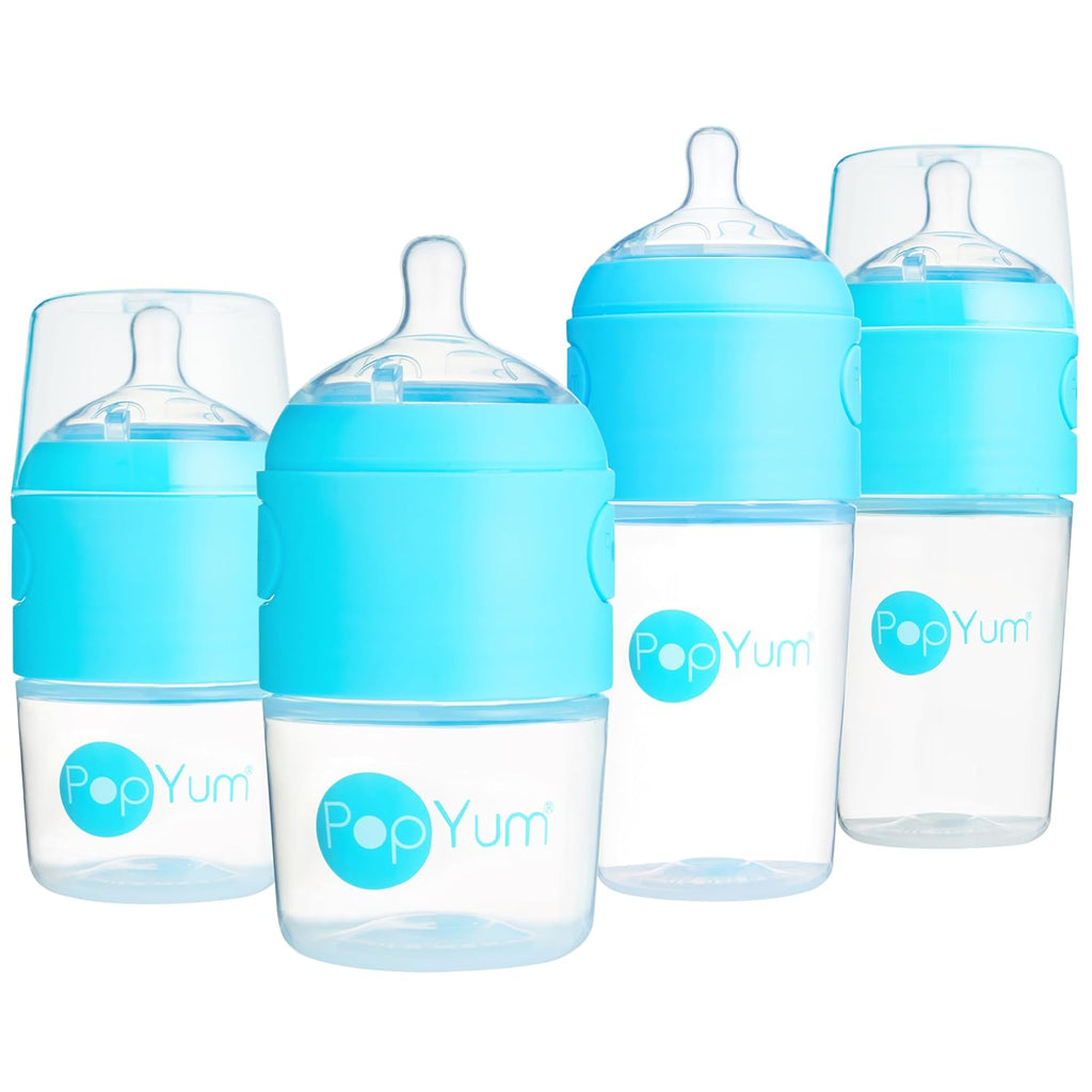PopYum Blue Formula Making Baby Bottle Starter Set, 4-Pack, 2X 5oz Bottles with #1 Slow Flow Nipples + 2X 9oz Bottles with #2 Medium Flow Nipples, Mixing, Dispenser