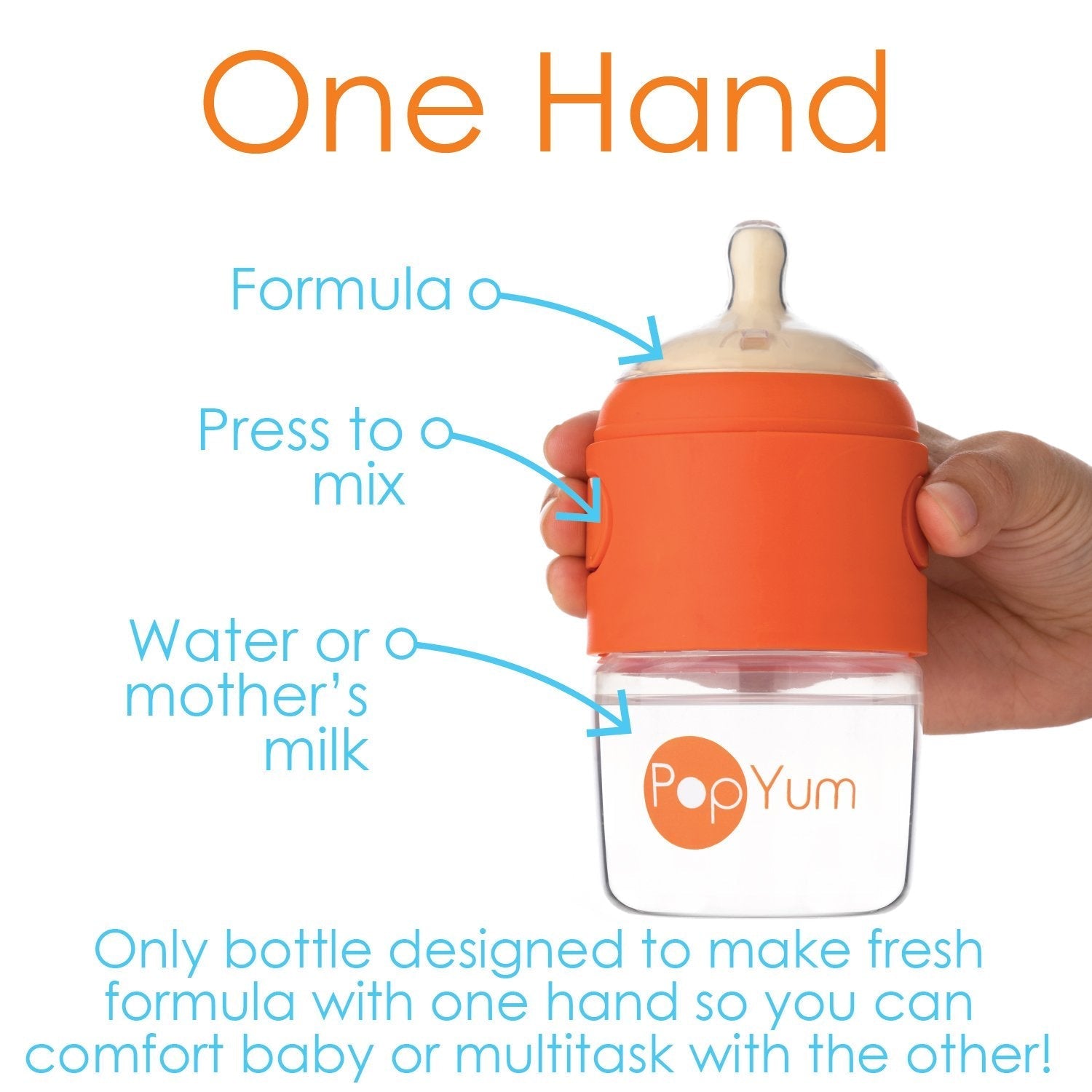 PopYum Orange Formula Making Baby Bottle Starter Set, 4-Pack, 2X 5oz Bottles with #1 Slow Flow Nipples + 2X 9oz Bottles with #2 Medium Flow Nipples