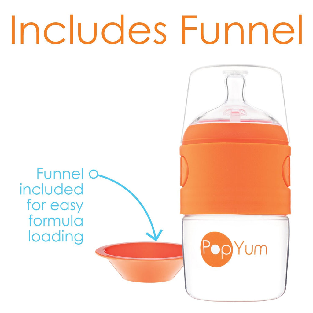 PopYum Orange Formula Making Baby Bottle Starter Set, 4-Pack, 2X 5oz Bottles with #1 Slow Flow Nipples + 2X 9oz Bottles with #2 Medium Flow Nipples